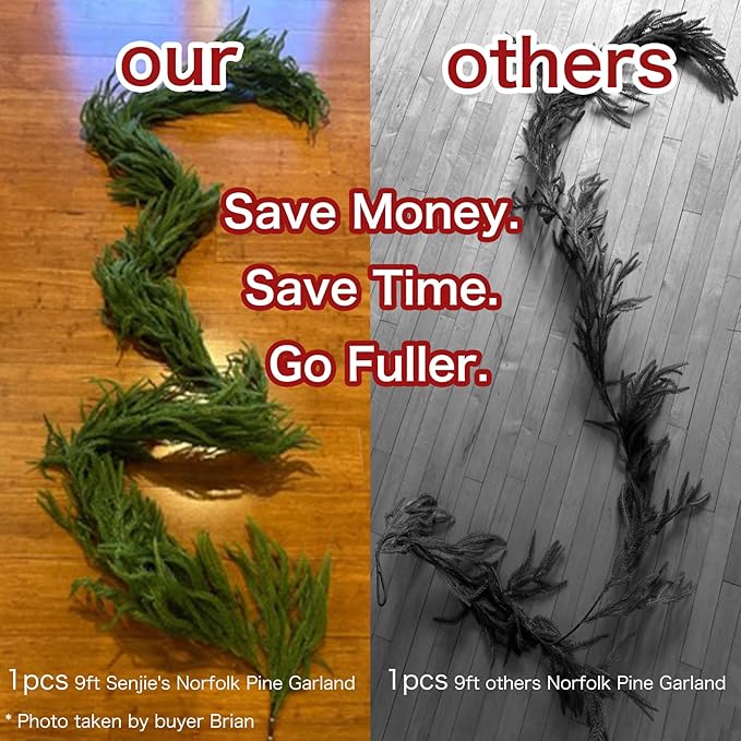 2PCS 9FT Christmas Garland Norfolk Pine Garland Real Touch Artificial Greenery Garland for Mantle Fireplace Table Indoor Outdoor Decor (Full)