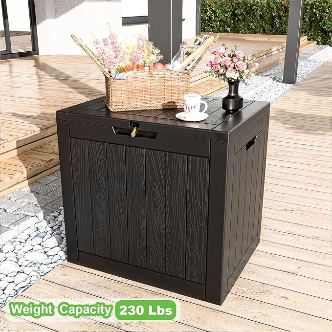 30 Gallon Outdoor Deck Box,Storage Lockable Waterproof Patio Furniture,Garden Tools,Cushions,Pool Accessories Outside Storage Resin Box(Black)