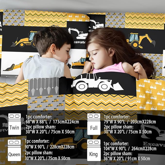 Construction Comforter Set Full Boys,Yellow Full Construction Bedding Set,Engineering Vehicles Comforter Yellow Bedroom Decor Kids,Truck Quilt Cartoon Truck Bedding for Teen