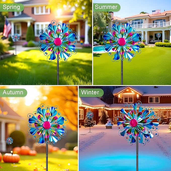 60'' Wind Spinner with Color Glass Ball Solar Lights, Blue Peacock Feathers Metal Garden Outdoor Decor Yard Lawn Art Decor for Patio Kinetic Windmills Unique Gifts for Friends and Family