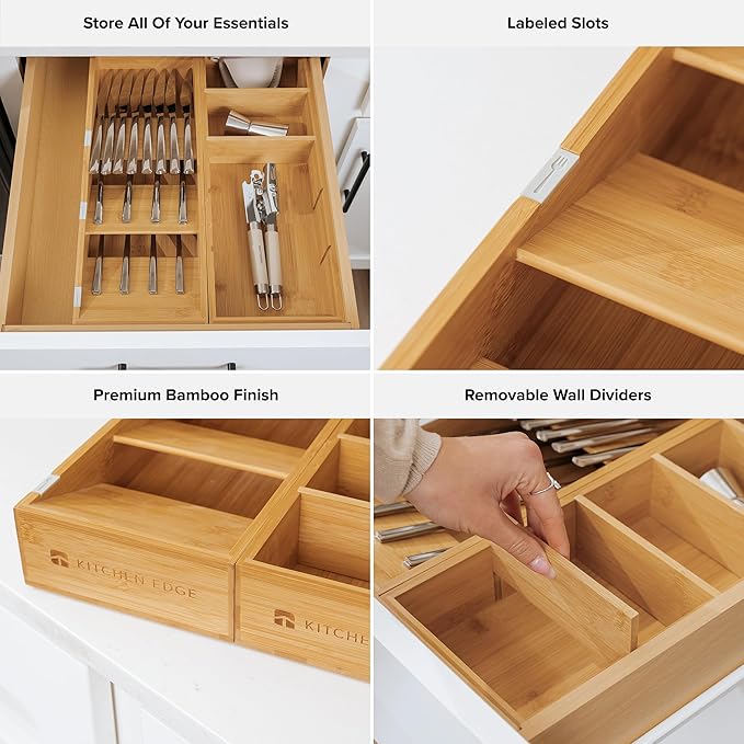 Premium Silverware and Utensil Drawer Organizers – Slanted 3-Compartment and 5-Compartment Design, Labeled Slots, Non-Slip Feet, 100% Sustainable Bamboo, 2 Pack