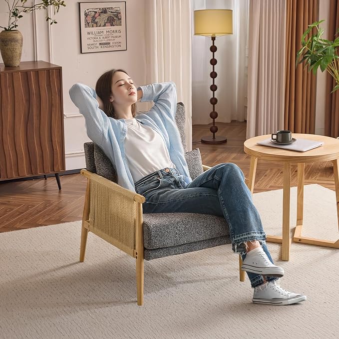 VINGLI Boho Braid Accent Armchair,Mid-Century Modern Chiar with Solid Wooden Armrest,Comfy Louge Cushion Chair with Waist Pillow for Bedroom,Living Room,Reading Room, Gray