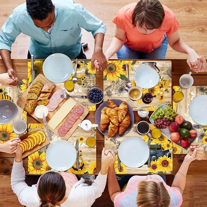 Sunflower Placemats Set of 6 Sunshine Plastic Table Mats Vintage Sunflower Theme Place Mats Summer Holiday Washable Table Placemats for Indoor Outdoor Party Kitchen Dining