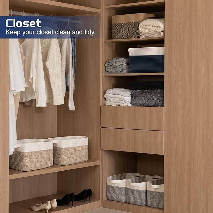 Storage Basket for Organizing, Woven Baskets for Storage, Rectangle Decorative Baskets for Shleves, Closet, Toys, Books, Nursery Organizer Bins - Pack of 3 (Blue & Black)