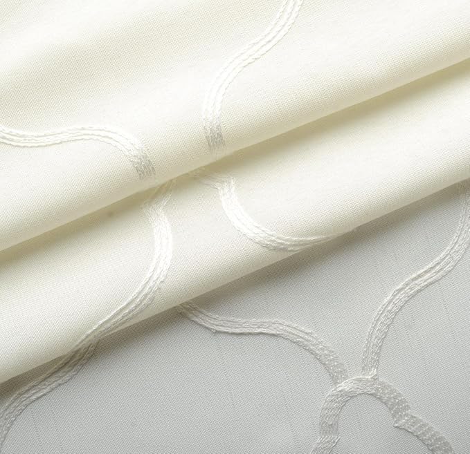MIUCO Moroccan Embroidery Semi Sheer Curtains Faux Linen Grommet Curtains for Bedroom 52 x 63 Inch 2 Panels, Off White
