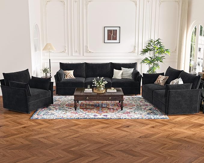 Oversized Loveseat Sofa, Modern Modular Sectional Couch Black Fluffy Chenille Mid Century 2-Seat 24.5" Deep Seat for Apartment, Living Room, Bedroom