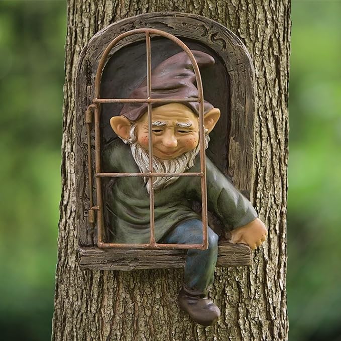 Elenon Gnome Tree Faces Garden Decor, 13inch Elf Out The Window Statue Outdoor Decorations, Tree Hugger Fairy Whimsical Peeker Sculpture Yard Patio Art