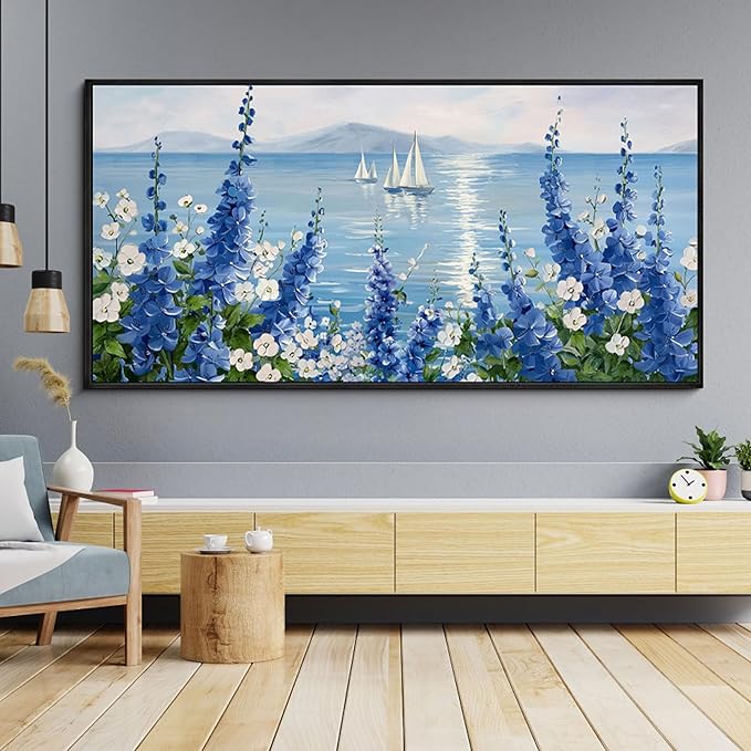 XLSJERST Large Sailboat Wall Art - Blue Canvas Abstract Painting Textured Picture Artwork Vintage Nautical Flower Painting Coastal Modern Print 29"x58" Frame for Living Room Bedroom Home Decoration