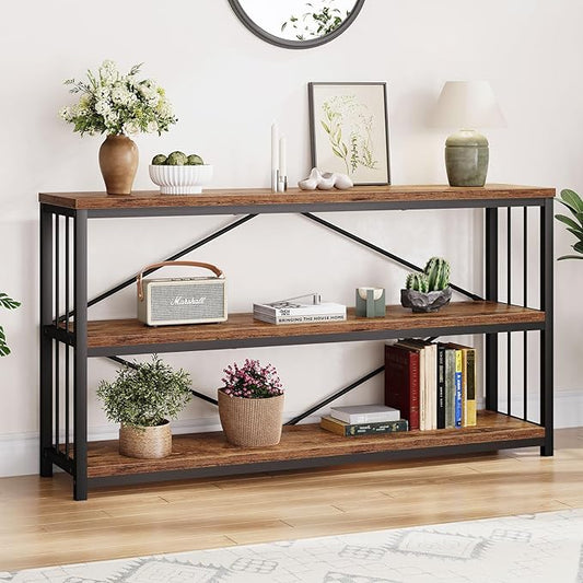 LVB Industrial Console Entryway Table, Metal Wood Rustic Sofa Table with Storage, Farmhouse 3 Tier Shelf Long Hallway Foyer Entry Tables Behind Couch for Home Living Room Entryway, Rustic Brown, 55 In