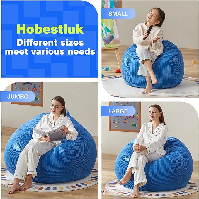Hobestluk 4.5FT Bean Bag Chair Giant Bean Bag Chair with Filler Included Adult Bean Bag Chairs with Removable Cover for Bedroom Living Room (Jumbo, Blue)