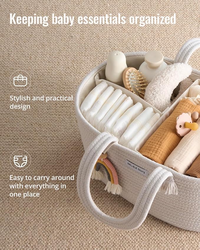 Blissful Diary Baby Diaper Caddy Organizer, Cotton Rope Diaper Caddy Basket, Oval Storage Basket, Gift for Baby Shower, Newborn Essentials, Beige