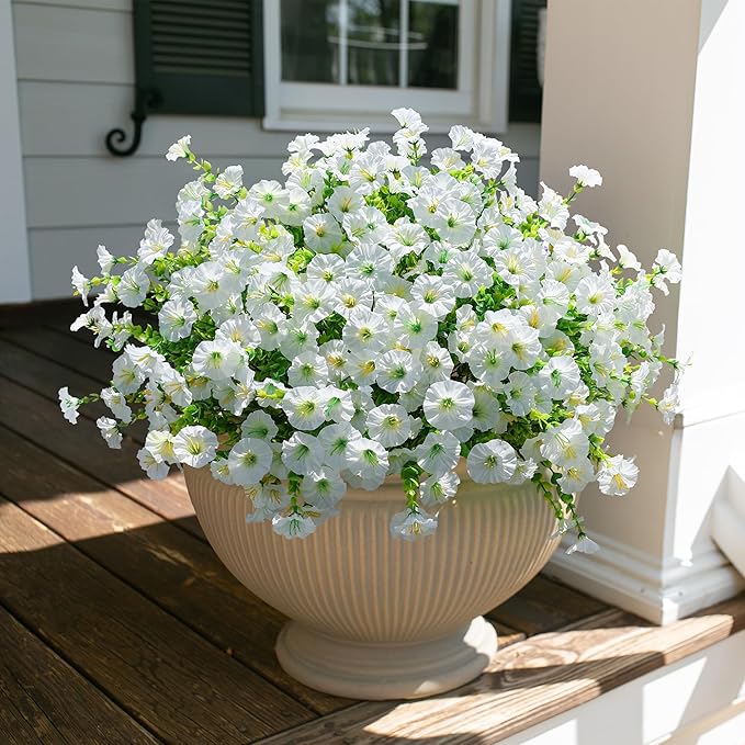 Artificial Flowers for Outdoors Fake Plants Outside Decoration, 12 Bundles Silk White Morning Glory UV Resistant Look Real Faux Flowers for Planter Front Door Porch Patio Yard Gardens Balcony