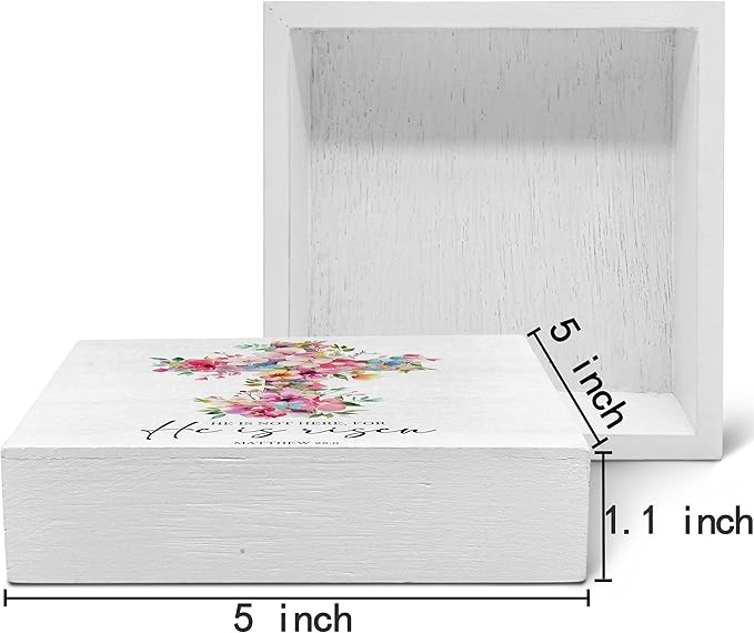 SRADMO He Is Risen Sign, Floral Cross Easter Christian Wood Box Sign Desk Decor, Christian Easter Decorations, Easter Theme Wooden Block Box Decoration for Home Office Shelf Table Decor