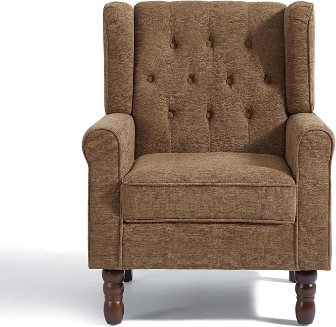 UIXE High Back Accent Chair, Upholstered Armchair in Fabric, Retro Wingback Arm Chair for Living Room, Comfy Single Sofa Bedroom Reading Seat with Solid Wood Legs - Brown