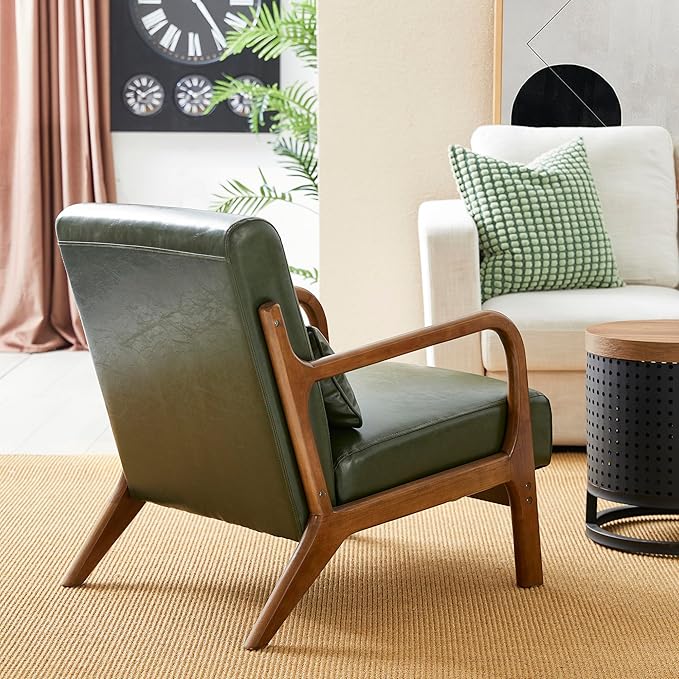 Glitzhome Mid Century Hunter Green Accent Armchair, Single Reading Armchair PU Leather Lounge Chair with Walnut Ruberwood Frame