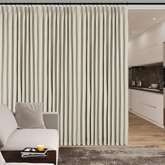 Ivory White Pinch Pleat 100% Blackout Drapes Linen Blend, Room Divider, Room Darkening, Energy Saving, Furniture Protecting, Light Blocking Extra Wide Privacy Curtains, 200Wx102L, 1 PC