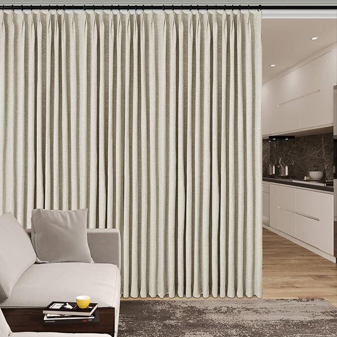 Ivory White Pinch Pleat 100% Blackout Drapes Linen Blend, Room Divider, Room Darkening, Energy Saving, Furniture Protecting, Light Blocking Extra Wide Privacy Curtains, 240Wx84L, 1 PC