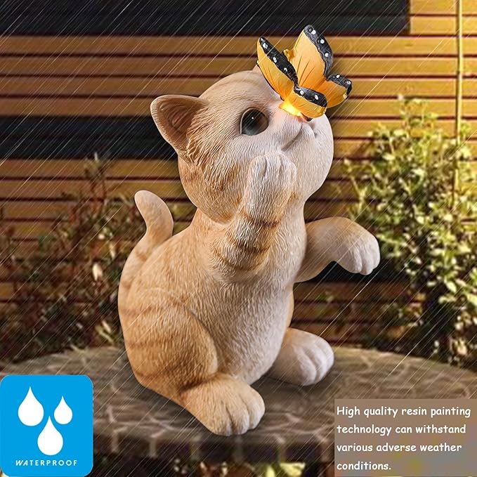 Solar Garden Statue Cute Cat Figurine Fun Color Changing LED Butterfly Light Outdoor Decor Waterproof Resin Sculpture Patio Lawn Art Housewarming Gifts for Cat Lovers Women
