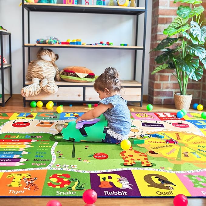 5x7 Playroom Rugs for Kids Washable, Educational and Fun Playmat with ABC Alphabet Animals Shapes Colors, Non-Slip Play Mat Learning Rugs for Baby Toddler Children Game Activity