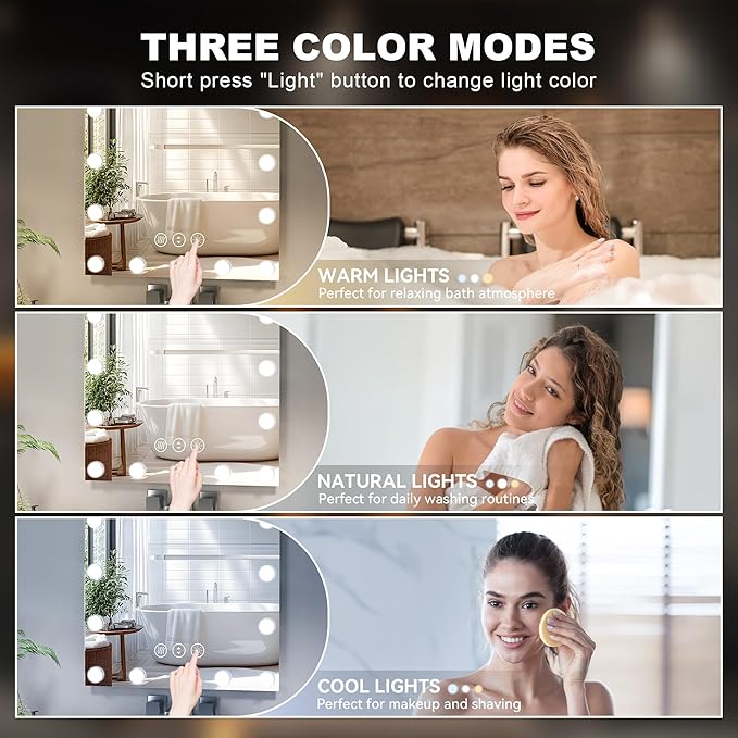 Hasipu LED Bathroom Mirror with Lights, 32" x 32" Hollywood Wall-Mounted Bathroom Mirror with 16 Dimmable Bulbs, 3 Colors Modes, Touch Control, Anti-Fog, Memory Function, Shatter-Proof, ETL Listed