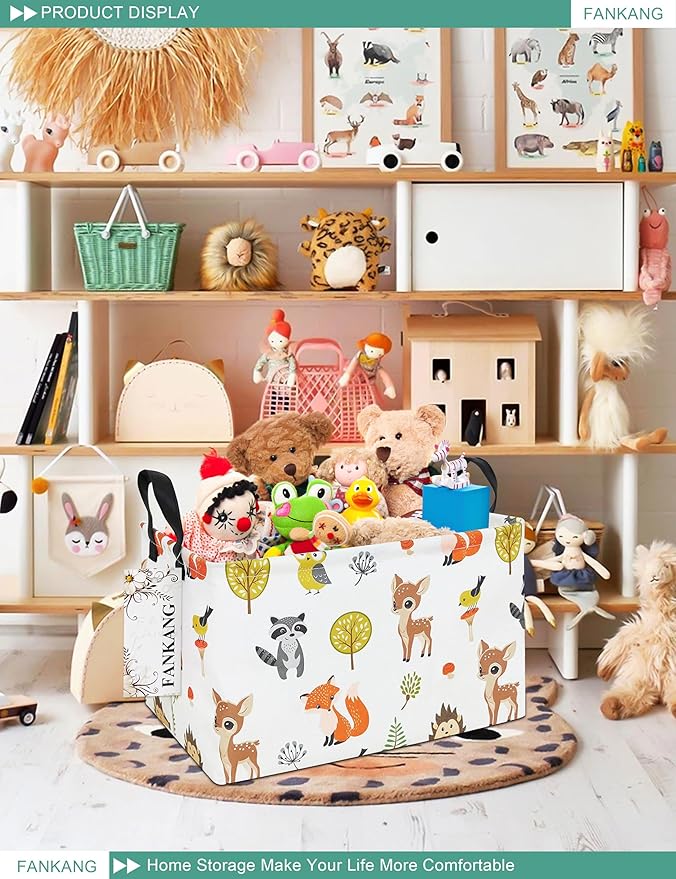 FANKANG Storage Bins, Nursery Hamper Canvas Laundry Basket Foldable with Waterproof PE Coating Large Storage Baskets for Kids Boys and Girls, Office, Bedroom, Clothes,Toys(Rec-deer）