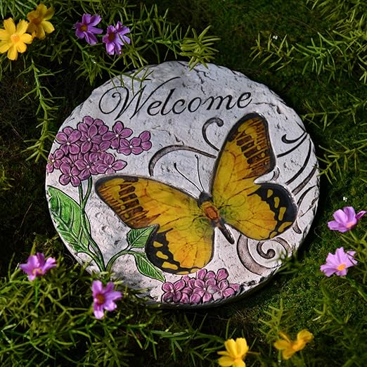 Garden Décor Stepping Stones Outdoor - Resin Butterfly Decorative Stone Bright Color Memories Pavers Outdoor for Garden Yard 9.5 * 9.5 * 0.5 Inch LC Lcdecohome