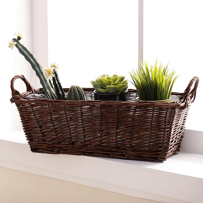 Handcrafted Wicker Planter, Flower Pot Cover, Plant Window Box, Plant Container, Natural Brown Unpeeled Willow, Long Rectangular