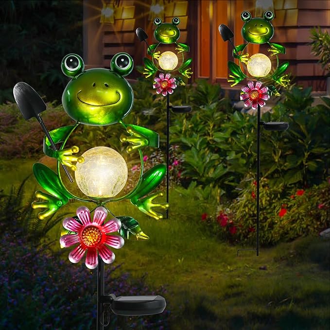 Afirst Solar Lights Outdoor Decorative Metal Frog Crackle Glass Globe Warm White LED Metal Waterproof Garden Stake Lights for Walkway Pathway Lawn Patio Yard Decorations
