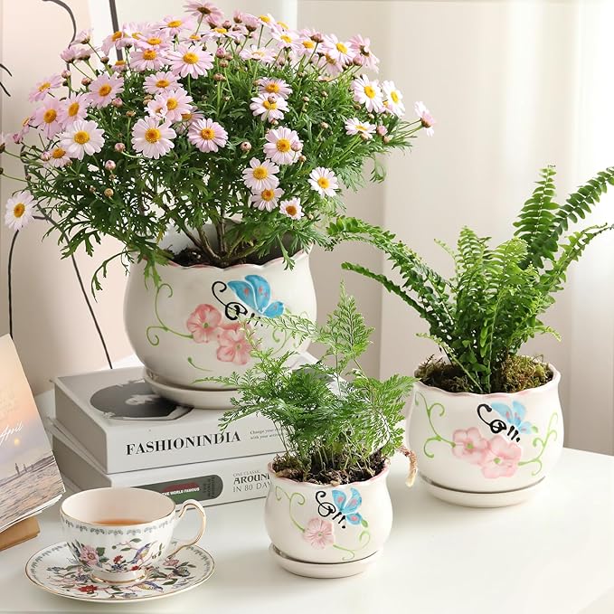 Ceramic Plant Pots with Drainage Holes and Saucers, Round Flower Pots for Indoor Plant, 3.9/5.2/6.7 Inches Flower Large Planters Set of 3