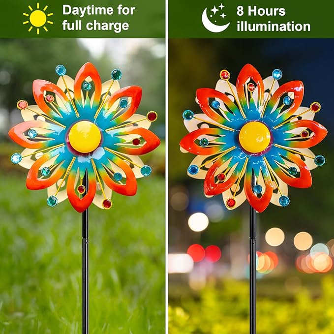 Soalr Wind Spinners -60.63 Inch Outdoor Metal Stake Yard Wind Sculptures, Solar Powered Multi-Color LED Glass Ball with Kinetic Wind Spinner Windmills for Outdoor Lawn & Garden Decoration