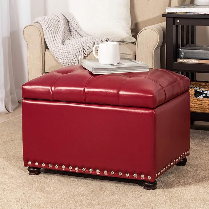 24'' Leather Storage Ottoman Rectangular Foot Rest Stool with Nailhead Trim for Bedroom Living Room(Red)