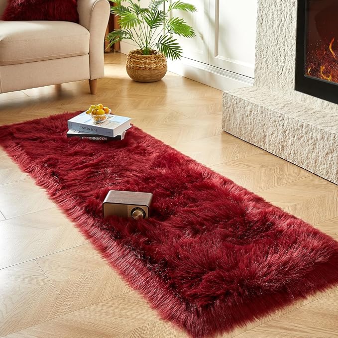 AMTOVO Faux Fur Rug, Burgundy Ultra Soft Fluffy Shag Sheepskin Rug, 2 x 6 ft Runner Area Rugs for Bedroom Sofa Throw Cushion Room Decor, Rectangle