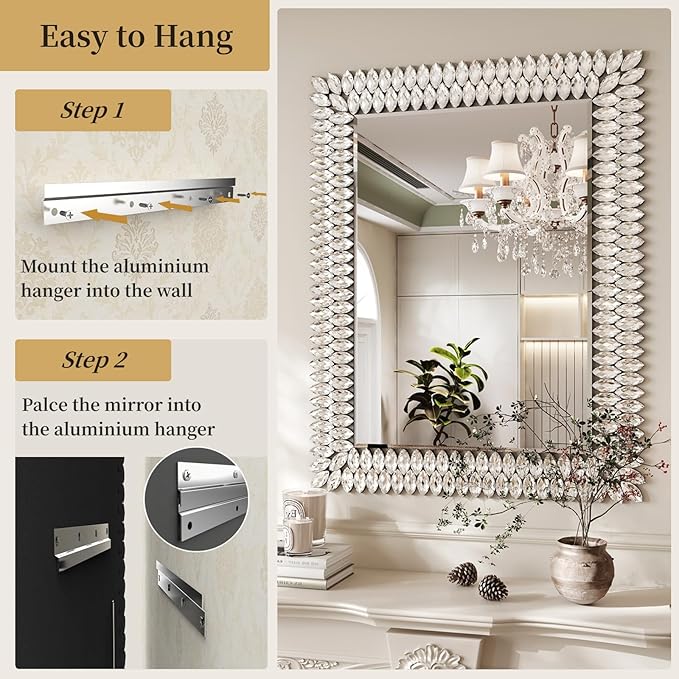 Kelly Miller Jeweled Luxury Bathroom Mirror for Wall, 24"x36" Rectangle Wall Mirror Decorative Mirror Vanity Mirror with Diamonds for Master Bath Half Bath Living Room Bedroom Fireplace Mantle Hallway