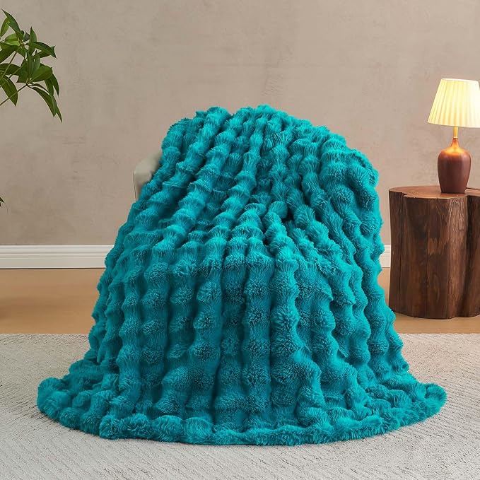 Lotus Karen Faux Fur Throw Blanket Teal - Big Bubble Rabbit Fluff Blanket for Couch Bed Sofa,Softest Fluffy Fuzzy Cozy Blanket,Thick Furry Plush Shaggy Warm Blankets for Women,90x90 Inches