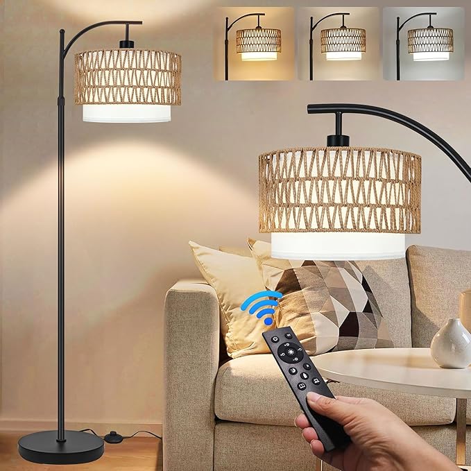 Arc Floor Lamp for Living Room Boho Floor Lamps with Remote Control & with 3 Color Temperatures,Rattan Wicker Standing Lamp Dimmable Tall Floor Lamp for Bedroom Living Room Corner