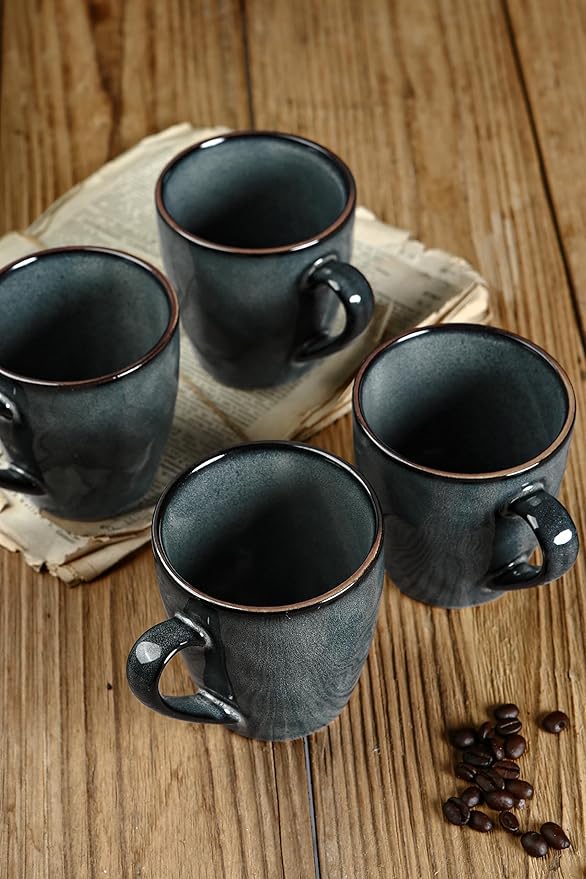 famiware Coffee Mugs Set of 4, Ocean Round 11.5oz Coffee Cup Set with Handle for Cocoa, Milk, Hot Chocolate, Stoneware Cups for Kitchen, Reactive Glaze, Microwave Dishwasher Safe, Deep Forest