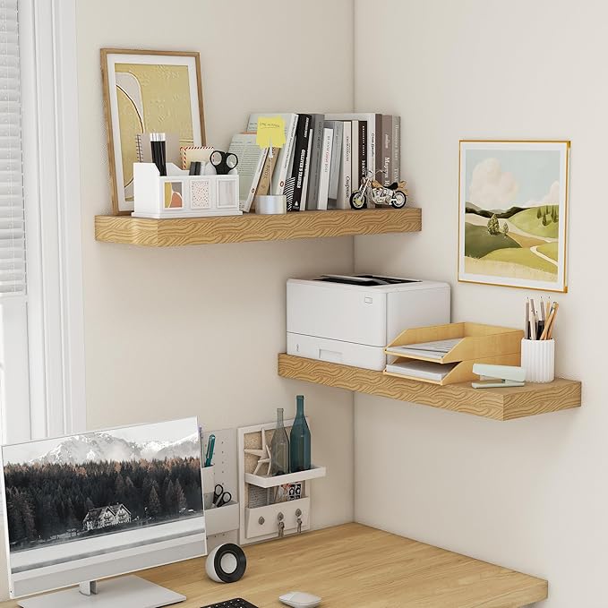 Deep Floating Shelves for Wall, 35.4W x 11.6D Rustic Large Wall Shelves Set of 2, 11.6 Inch Deep Oak Shelves 35.4 Inches Long, Bookshelf Laundry Shelf TV Shelf
