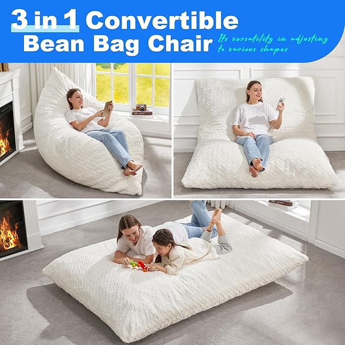 Hobestluk 3 in 1 Bean Bag Chair Giant Bean Bag Chairs for Adults with Chevron Plush Fur Cover Convertible Bean Bag Floor Cushion with Machine Washable Cover for Living Room (Chevron Plush White)