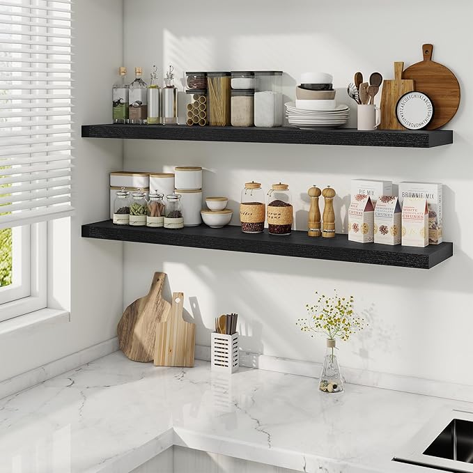Fun Memories 48 Inch Deep Floating Shelves for Wall, 2 Pack of Long Wall Mounted Wood Shelves with Invisible Brackets for Bathroom, Bedroom, Living Room, Kitchen Decor and Storage, Black