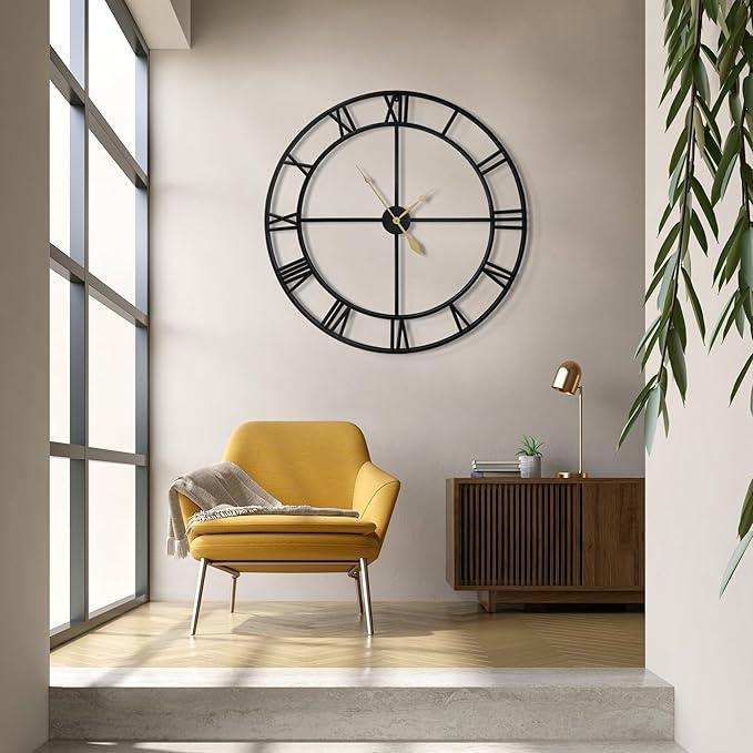LEIKE 40 Inch Extra Large Modern Wall Clock, Oversize Rustic Round Nearly Silent Battery Operated, Black Metal Roman Numerals Wall Clocks for Living Room, Bedroom, Entrance Home Decor