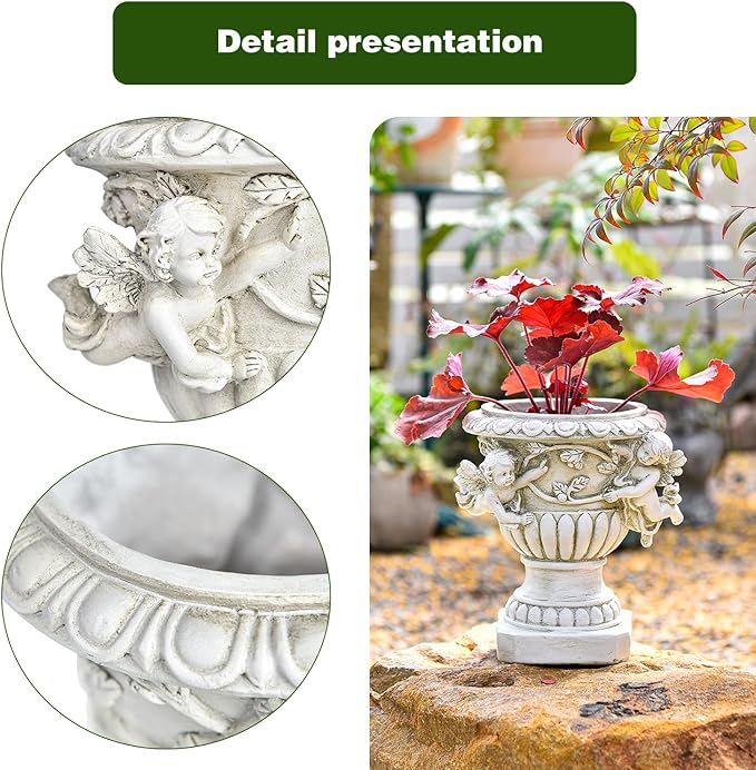 Sungmor Garden Cherub Urn Planter, Lovely Resin Angel Statue Flower Pots, Vintage European Style Planter, Rustic White Whimsy Fairy Decorative Plant Pot, Beautiful Pot for Indoor Outdoor Flowers