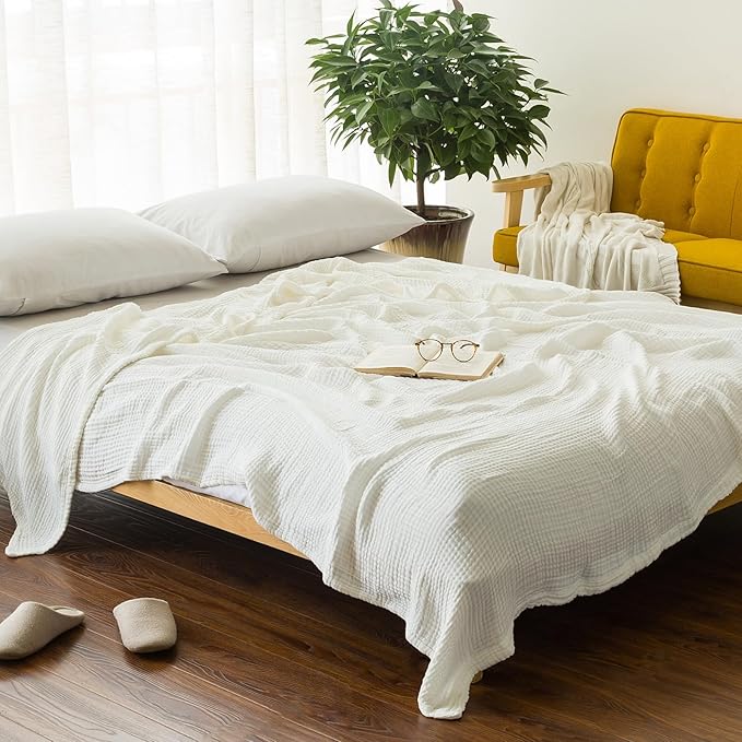 EMME Cotton Bed Blankets White Blankets for Bed Muslin Twin Blanket 60"x80" Lightweight Soft Twin Blanket All Season Gauze Blanket