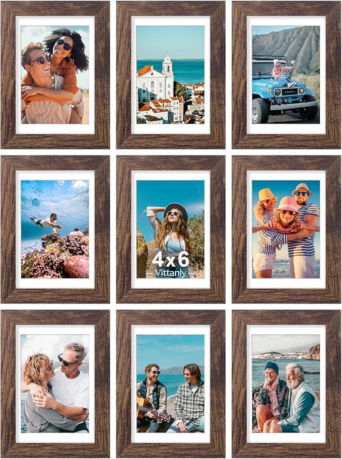 Vittanly 4x6 Picture Frames Set of 9, Shatter Resistant Plexiglass, Display 3.5x5 Pictures with Mat or 4x6 without Mat, Photo Frames for Wall or Tabletop, Engineered Wood, Brown