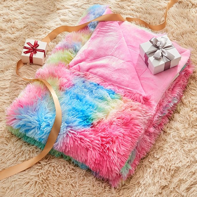 GONAAP Fuzzy Faux Fur Throw Blanket Dark Rainbow Super Soft Cozy Plush Fuzzy Shaggy Blanket for Couch Sofa Bed (Dark Rainbow, Throw(50"x60"))