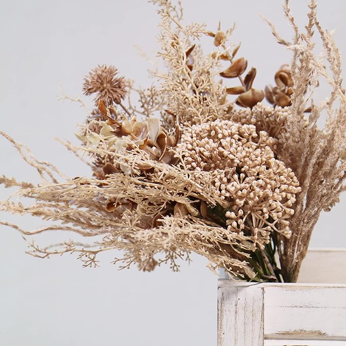 2 Pack Boho Artificial Flowers Plants Bouquet Decoration 13.8inch, Fake Plastic Brown Eucalyptus and Beige Grasses, Faux Floral Arrangement for Wedding Centerpieces Party Home Fall Decor