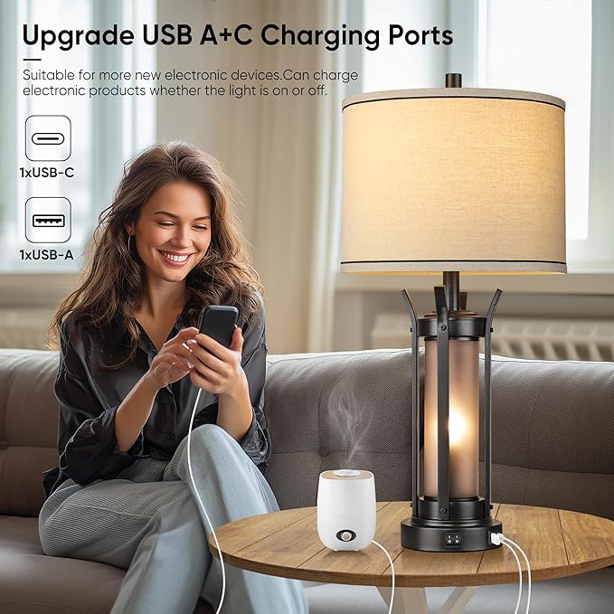 QiMH Farmhouse Table Lamps for Living Room, Beside Lamps for Bedroom with USB A+C Charging Ports, Rustic Nightstand Lamp Set of 2 with Frosted Glass Night Light, 4 Bulbs Included (Black)