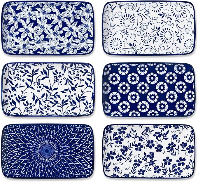 vancasso Selene 8.5 Inch Rectangular Salad Plates Set of 6, Ceramic Salad Plates for Sushi, Dessert, Appetizer, Porcelain Platters for Kitchen Decor, Microwave & Oven Safe, Vintage Blue & White Color