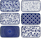 vancasso Selene 8.5 Inch Rectangular Salad Plates Set of 6, Ceramic Salad Plates for Sushi, Dessert, Appetizer, Porcelain Platters for Kitchen Decor, Microwave & Oven Safe, Vintage Blue & White Color