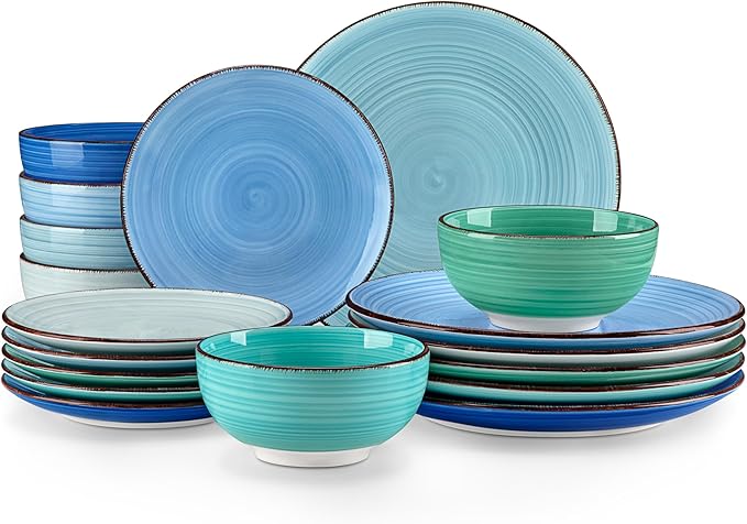 vancasso Bonita Dinnerware Set Blue Stoneware 18 Pieces Service for 4, Handpainted Spirals Pattern Stoneware Plates and Bowls Set