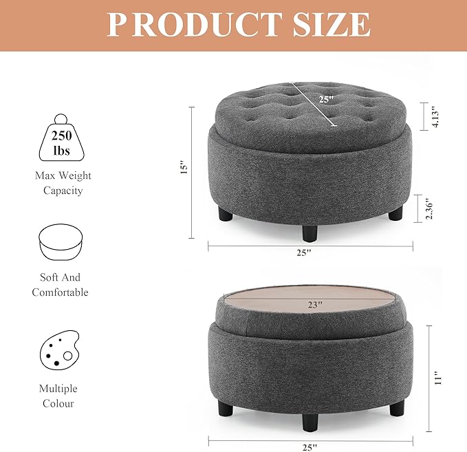 COLAMY Fabric Round Storage Ottoman with Reversible Tray Lid – Multi-Functional Footrest, Hidden Storage, Sturdy & Stylish Small Coffee Table for Living Room, Bedroom, or Entryway(Dark Grey)